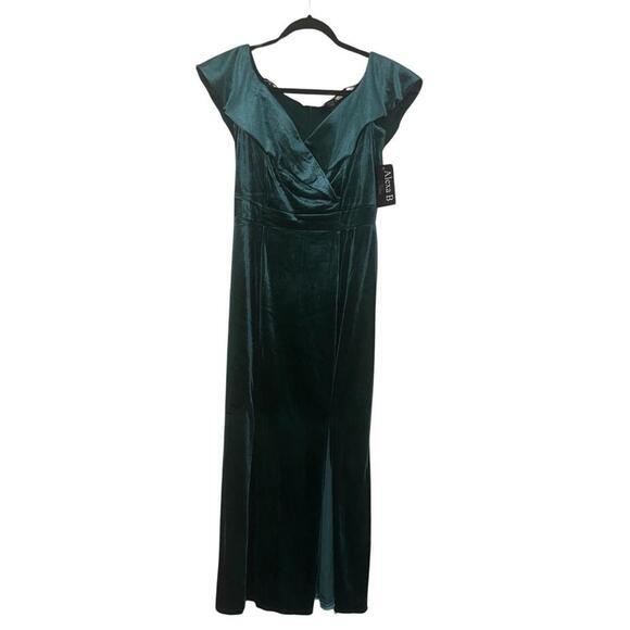 Alexa B nites deep hunter Green velvet surplice off shoulder Maxi dress size 8 - Picture 1 of 4